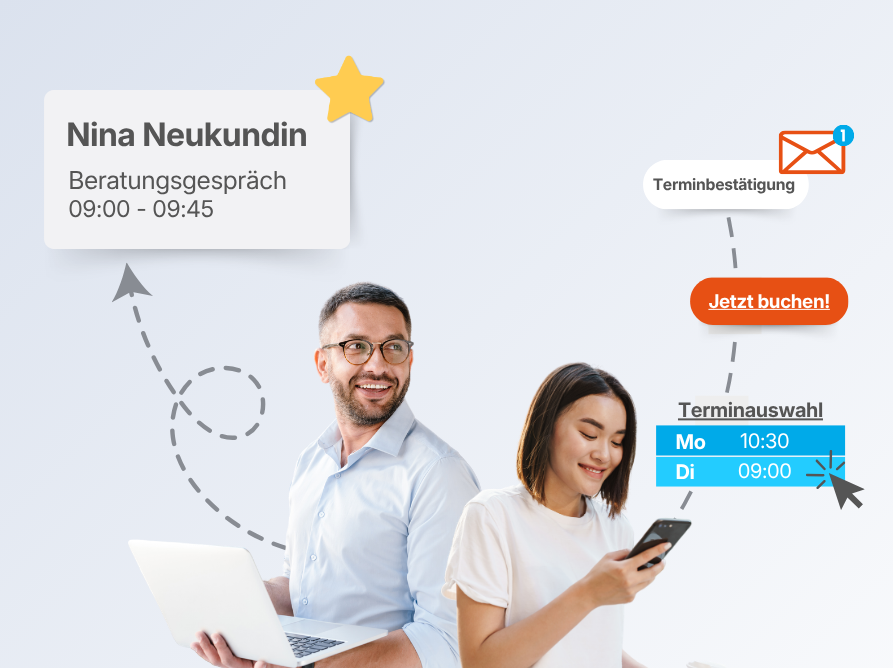 Eine Frau schaut lächelnd auf ihr Handy. Rechts neben ihr wird abgebildet, wie sie sich einen Termin aussucht und bucht. Links neben ihr steht ein lächelnder Mann, der einen Laptop in der Hand hält. Links neben dem Mann ist eine Hinweisbox, dass ein Termin von einer Neukundin gebucht wurde.