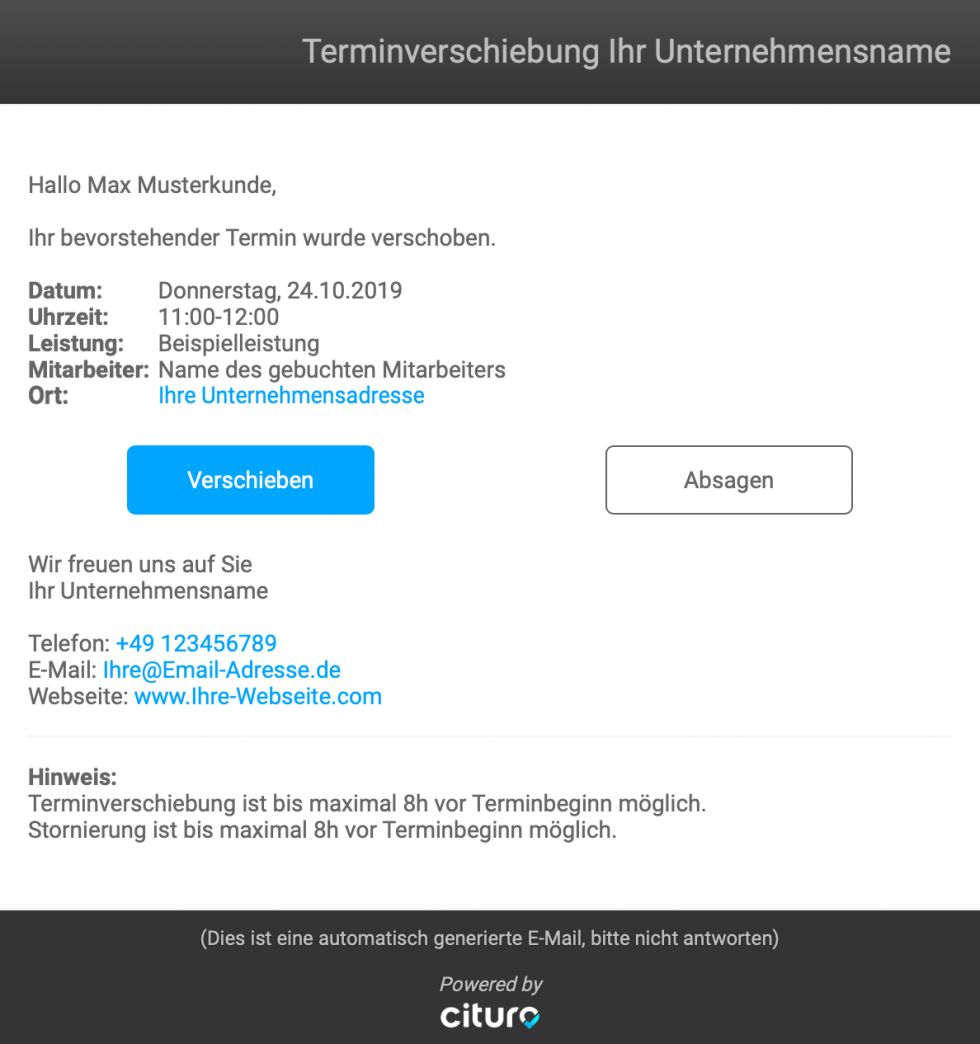 Bestätigung bei Terminverschiebung versenden - cituro Helpcenter