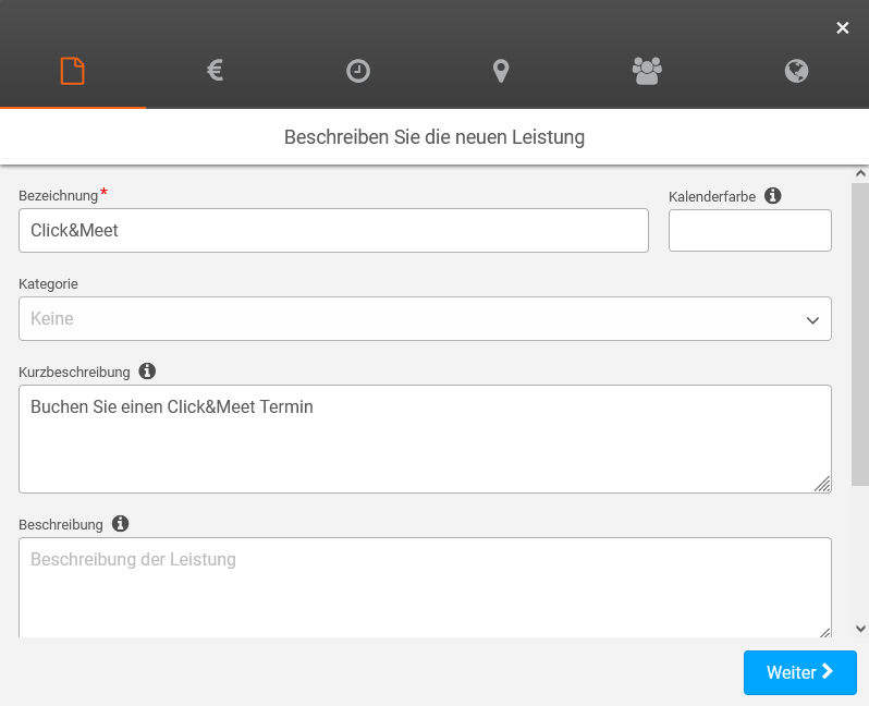 Einzelleistung_click&meet Click&Meet Leistung anlegen