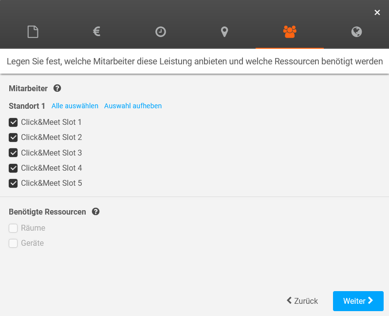 Einzelleistung_click&meet_Mitarbeiter Mitarbeiter-/Kalenderauswahl für Click&Meet